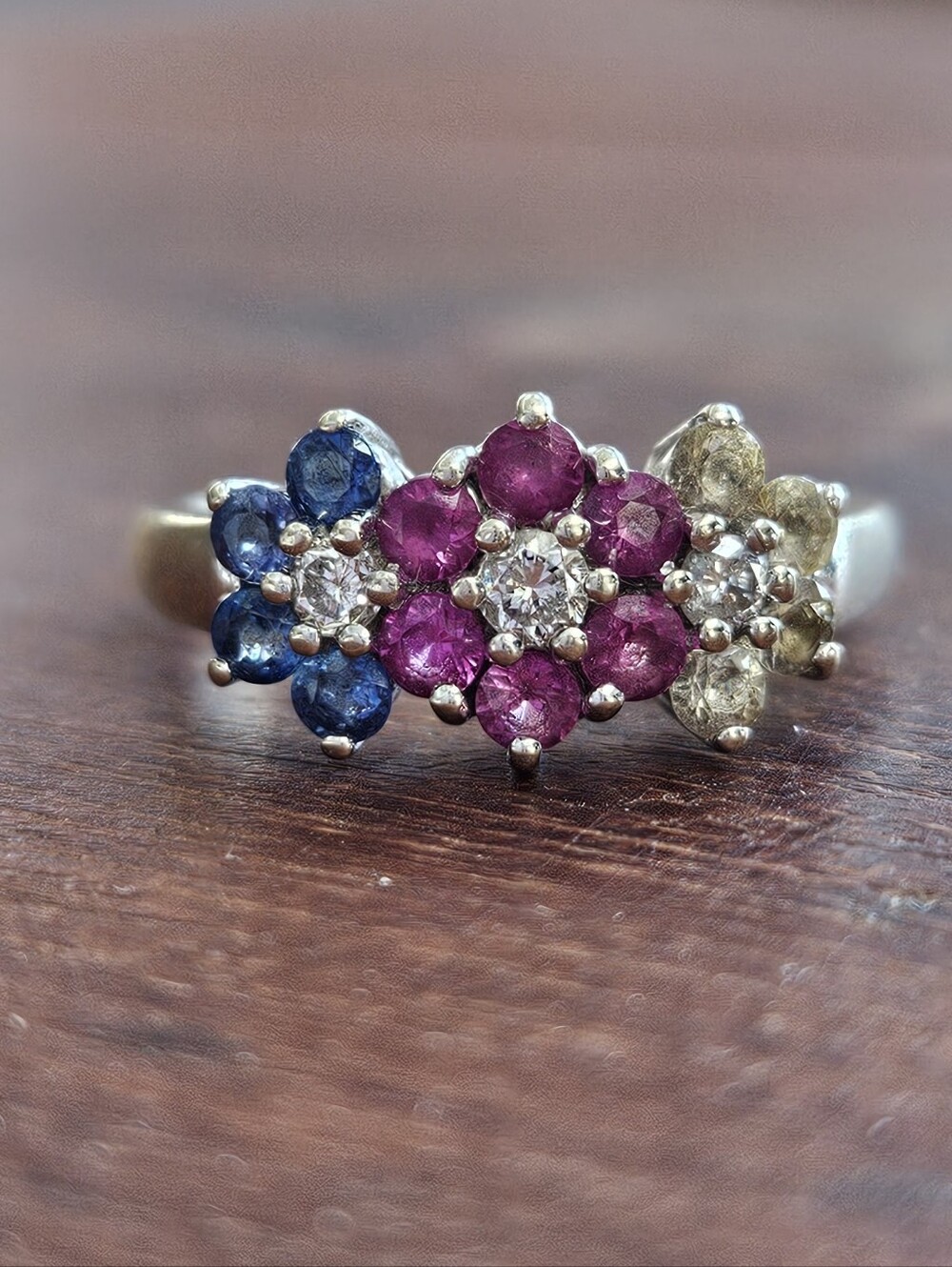 Solid 14k White Gold Tricolor Sapphire & Diamond Flower Cluster Ring Sz7